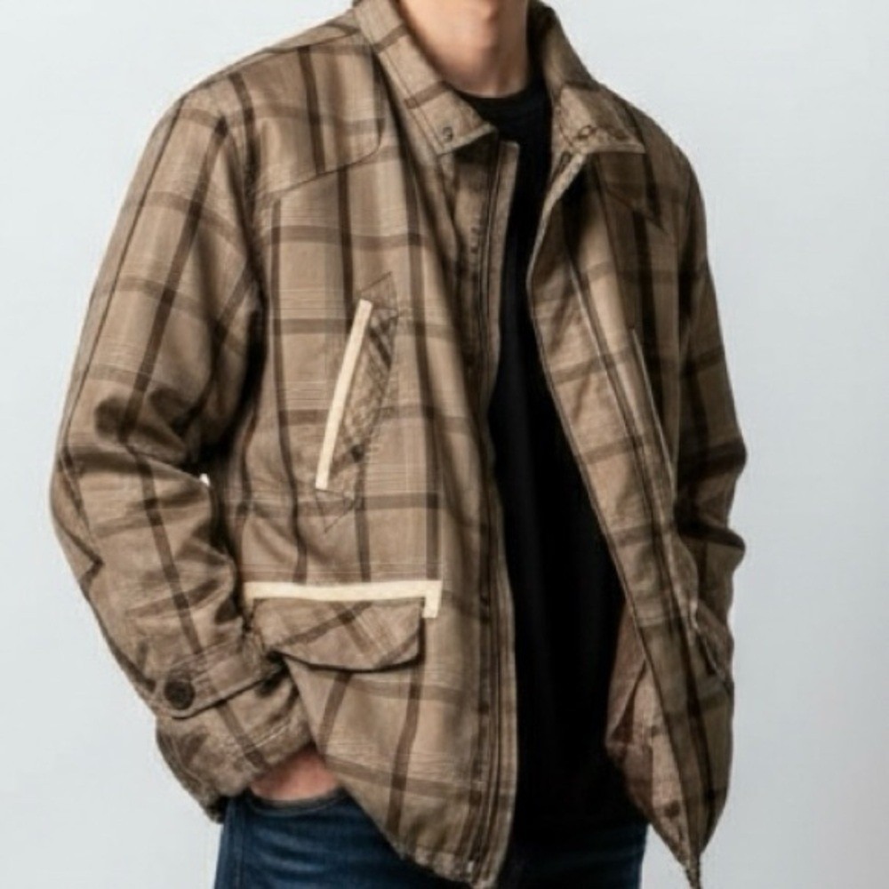 N.Y. Classics Plaid Bomber Jacket Mens Medium Brown Tan Excellent Quilted Zip